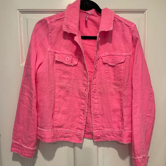 Lulu B LONG-SLEEVE LINEN JACKET BRIGHT HOT PINK - Picture 2 of 6